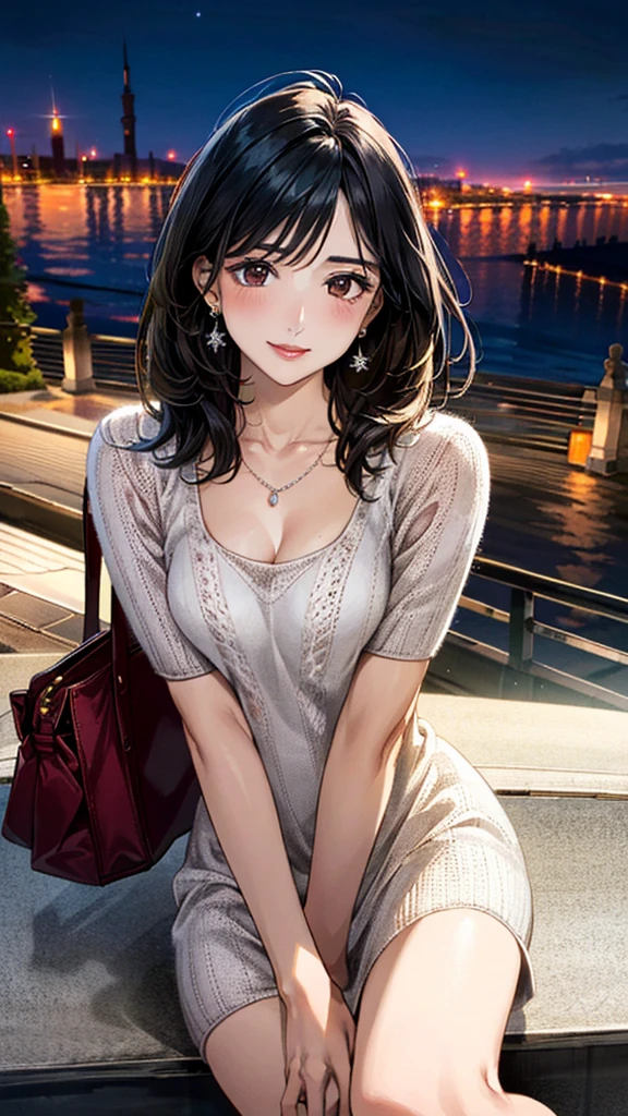 (masterpiece:1.3, Highest quality, Ultra-high resolution, Super detailed), (Realistic, photoRealistic:1.4), Beautiful illustrations, Perfect lighting, colorful, Depth of written boundary, Beautiful detailed hair, Beautifully detailed face, Beautiful fine details, Droopy eyes、Beautiful clavicle, Beautiful body, 美しいLarge Breasts, Beautiful thighs, Beautiful feet, Beautiful fingers, View Viewer、Front view:0.6, Beauty1人, Japanese, Beauty、30 years old, Perfect Face, (Perfect Anatomy, Anatomically correct), Cute and symmetrical face, Baby Face, , Shiny skin, (Bordeaux long sleeve knit dress:1.4) (Black Hair, Medium:1.4), Dark brown eyes, Large Breasts, Slim body, necklace, Small earrings:1.1, (Beautiful views), (night), (city, cityscape in the distance), Sitting on a bench, A soft smile、(Smile, Lips parted),