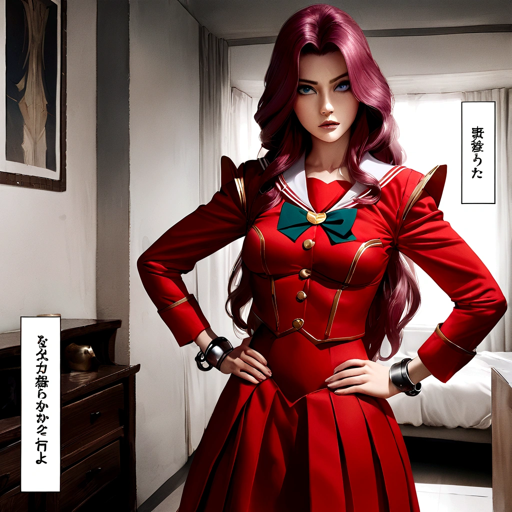 thick outlines, comics, photorealistic, perfect hands, masterpiece:1.2, bedroom background, 1girl, solo, standing with shackles on wristbands hands on hips, cornelia_li_britannia, cornelia_sailor_moon_uniform, medium breast, detailed background, detailed face, detailed eyes