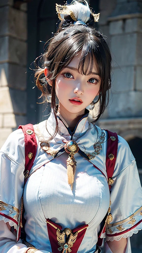 (Highest quality, masterpiece:1.3), shape, ((Beautifully detailed face)), Beautiful and detailed skin, Intricate details, Very detailed, Best image quality in 8K,Fantasy,A world of swords and magic,ファイナルFantasy,(White Mage:1.5), (18-year-old female:) (Large Breasts:1.2),Japanese girl,Baby Face,(Detailed Hair,Bobcut:1.6,Black Hair),Detailed lips,Open your mouth,blush,Embarrassing,(whole body:1.8), (Castle),Realistic Face,Realistic Skin,(Vibrant Skin),Vivid lips,Lip gloss