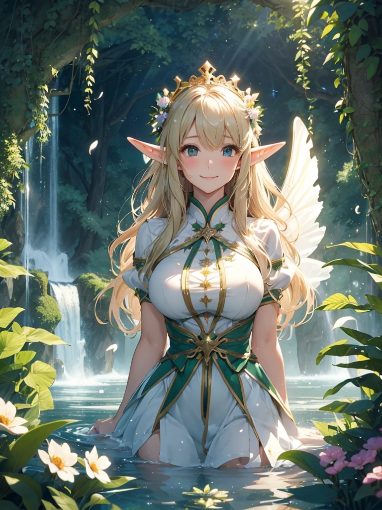 最high quality、1 woman elf 、Being in the water、bubble、BubblesLots of Bubbles、Beautiful foam、Bathing、waterfall、CourtyardShining fairy wings、NP: Worst quality ,Flower fractal art　　Wet、Being in the water、see-throughbodystocking,Beautiful side shot, radiance,High-definition depiction, Realistic, 8k, Unity, beautiful Shot, light smile, Beautifully and vividly drawn, , Beautiful, beautiful, clear skin、sexy,beautiful dress,Countless rays of light pouring down, Swirling Light, big background, Raise one arm above your head, Intense light is emitted from the magic circle in front of the girl.   forest、Lots of leaves、Green leaves、flower、Particles of light、
Romanticism,Cowboy Shot: The most beautiful form of chaos, Mr..々color, Intertwined flowers, Particle,magical gentle light,smile,sexy,image quality、masterpiece、Beautiful Face、Super beautiful elf woman((Big breasted 22 year old office lady、Nipples、Bust 100,Beautiful long ironed hair 、Blonde hair,height: 165cm。、sexy、Esbian、、high quality、、background((Star Narski)))、Starry Sky、Visual art、Written boundary depth、、Elf Ears、、universe、Happy smile、Gentle light、Elf forest、elegant、ticker beautiful decorative、、magic、forest、Beautiful tiara、Beautiful bed、Beautiful Landscape、A kind smile、wonderful、Fluttering petals、Dance happily、、Cultivate fantasy、、Mystery light　Lots of flowers、、art、forest, palace, art,mystery,Ultra-high resolution,atmosphere