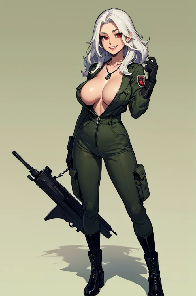 green solid background, 1 woman, best quality, ultra high res, long hair, full lips, white hair, red eyes, military jumpsuit, dog-tag necklace, smiling at viewers, wearing black gloves, wearing black combat boots, double D breast, standing, full body