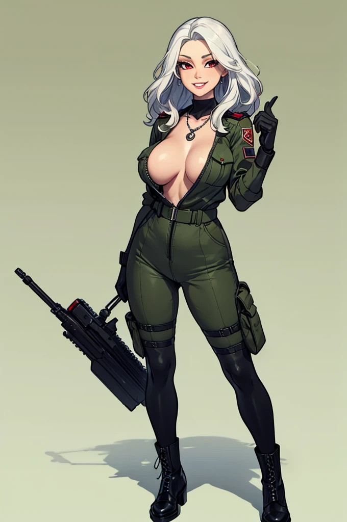 green solid background, 1 woman, best quality, ultra high res, long hair, full lips, white hair, red eyes, military jumpsuit, dog-tag necklace, smiling at viewers, wearing black gloves, wearing black combat boots, double D breast, standing, full body