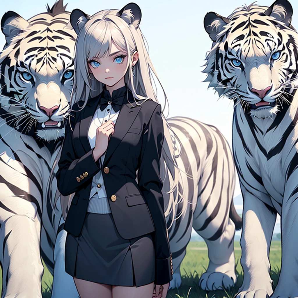  girl (blue long hair),(blue eyes),(Wear a simple, elegant, plain black skirt suit.),(The background has a white tiger.),(Have rank)