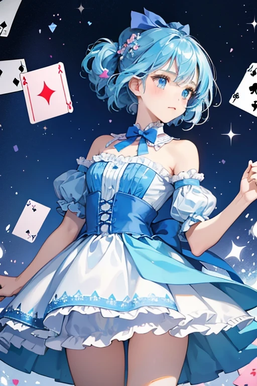 alice she wears a blue and white dress, and her bow is blue with a pink heart. She is accompanied by two floating playing cards. When she's sad, her cards face down. SPARKLE; GLITTER