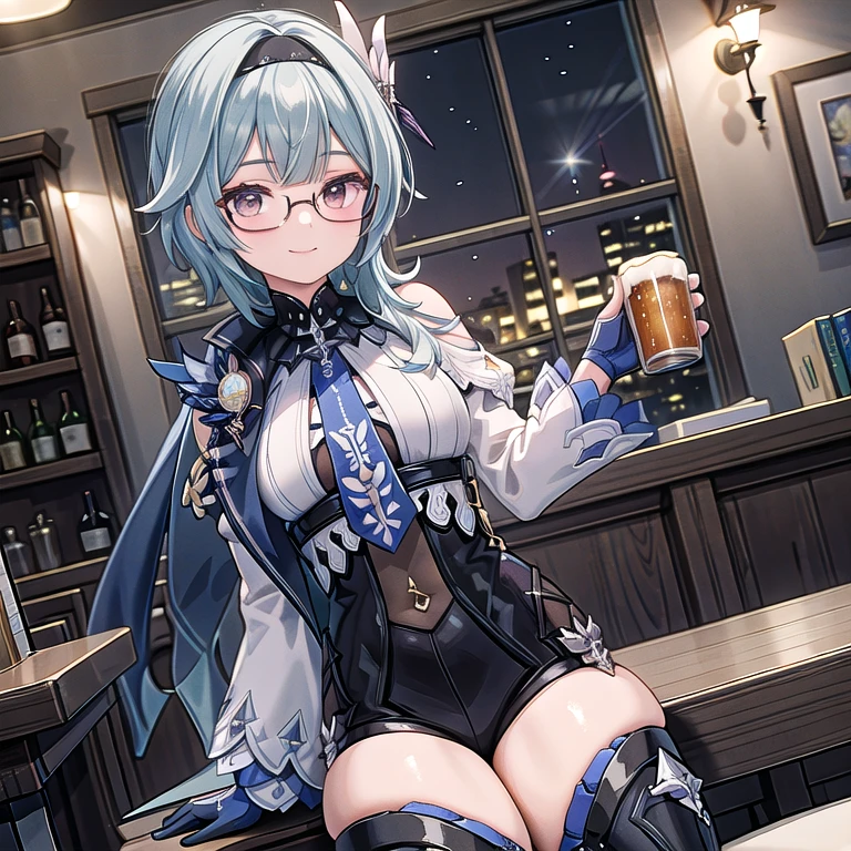 eula lawrence sozinha, sentada em uma mesa de bar, a noite, Starry sky, with a mug of beer in hand, sorrindo, rosto corado, with prescription glasses, sorrindo