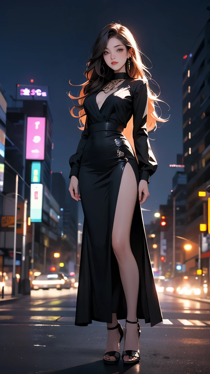 25-year-old young woman: 1.3, Long hair: 1.2, Dress: 1.2, square: 1.2, light, Surrealism, Ultra HD, precise, Super Detail, Textured Skin, High Detail, best quality, 8K，Full body image，City night scene