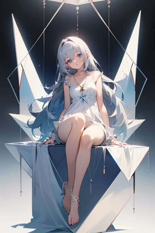 woman、Gray Hair、Long Hair、Blue Eyes、cute、beautiful girl、White dress、Sitting、Ankle-length underwear、Pull on your underwear、Cross Necklace、Transparency、beautiful、White pants、legs slightly open、Triangle sitting、Visible underwear