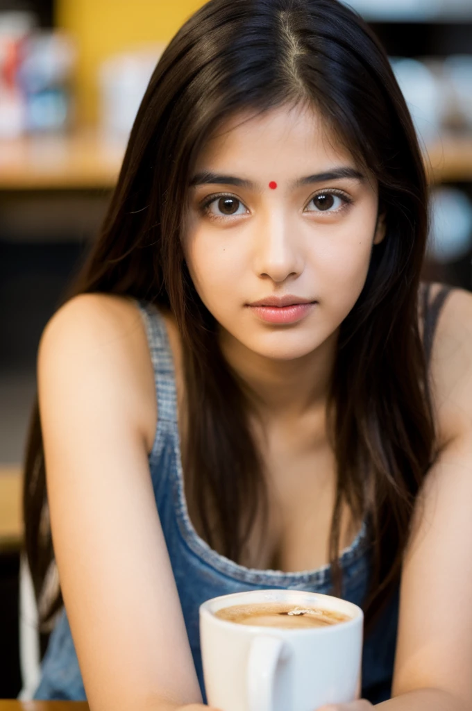 A beautifull young Indian woman looking into camera, and setting in cafe background cafe