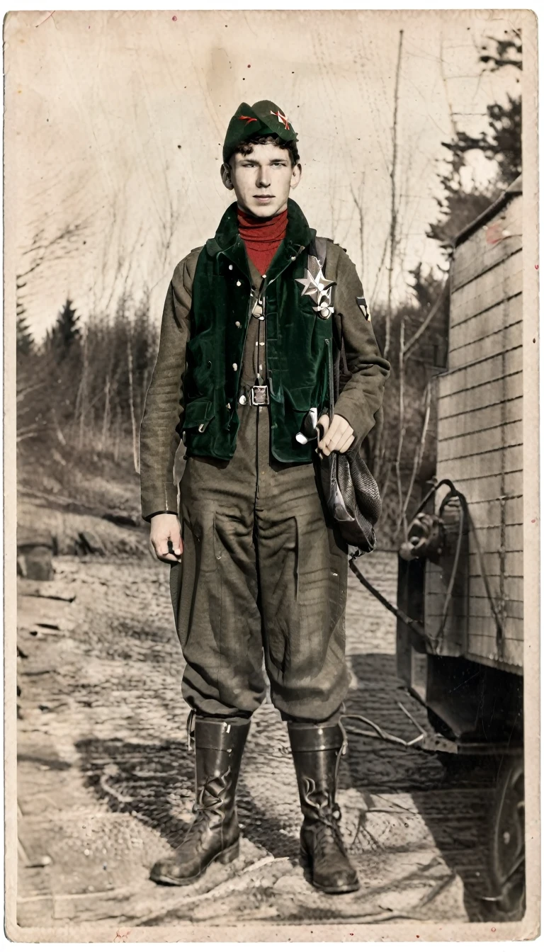 Year 1939, Young man aged 17-18 years , Dark green jacket, red turtleneck, The jacket has a red four-pointed star on the lapel., Always wear a black vest., Wearing light green M35 Harovari pants., Military boots, wearing a soviet pilot helmet.(clamp cap) There is a red star attached to it., Eastern Slavs(Soviet Union), Soviet Union, World War II, ww2 old pictures, ww2 military camp, 8k, Masterpiece, best quality, perfect face,