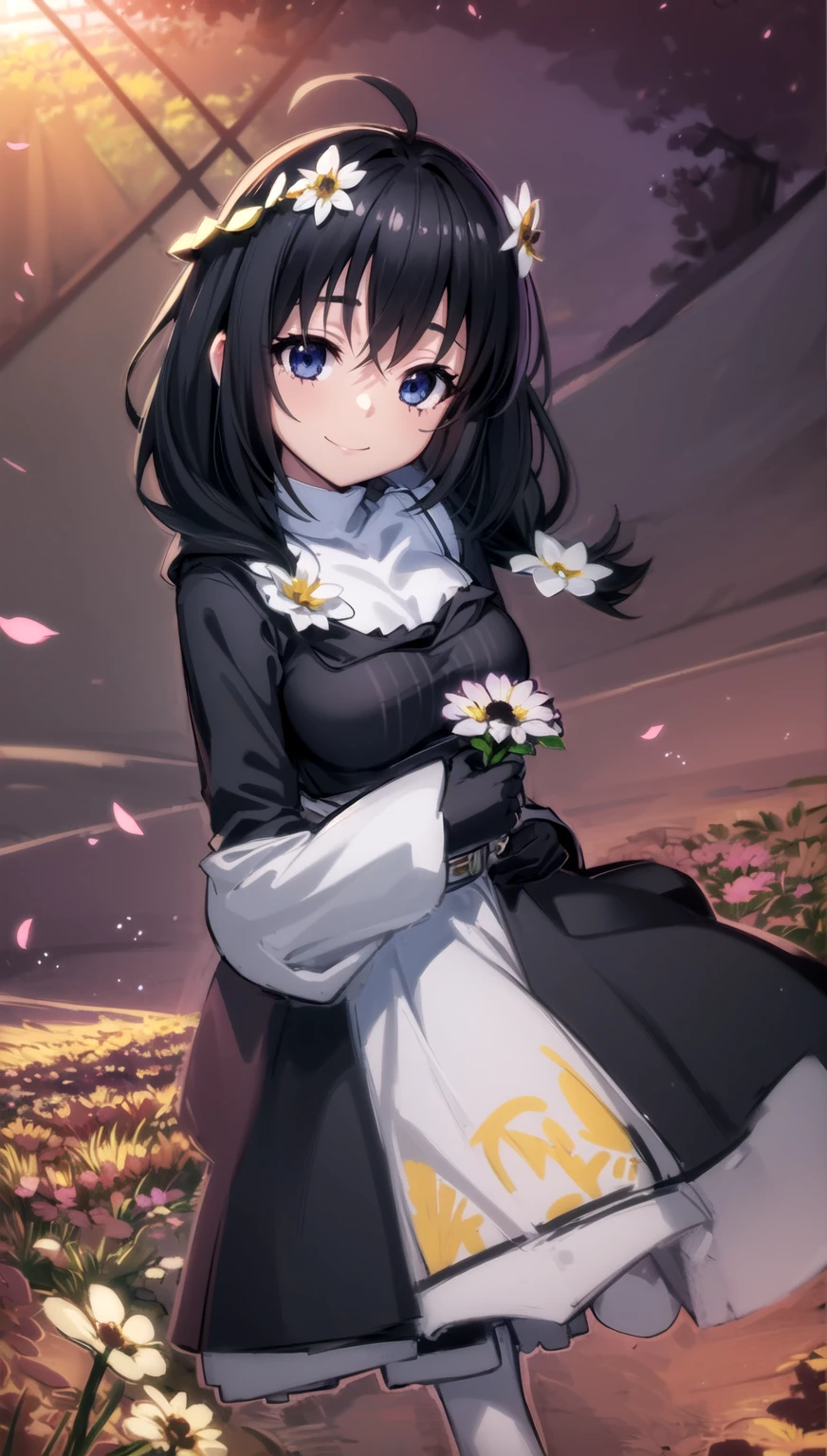 photorealistic, (4k), depth of field, (Masterpiece), (realistic skin texture), extremely detailed, intricate, hyper detailed, professional photography, bokeh, high resolution, sharp detail, best quality, girl, Maid black top, black maid outfit  long hair, black hair, dark blue eyes, standing, light smile, (flower field:1.3) windy, sunset, (petals), 