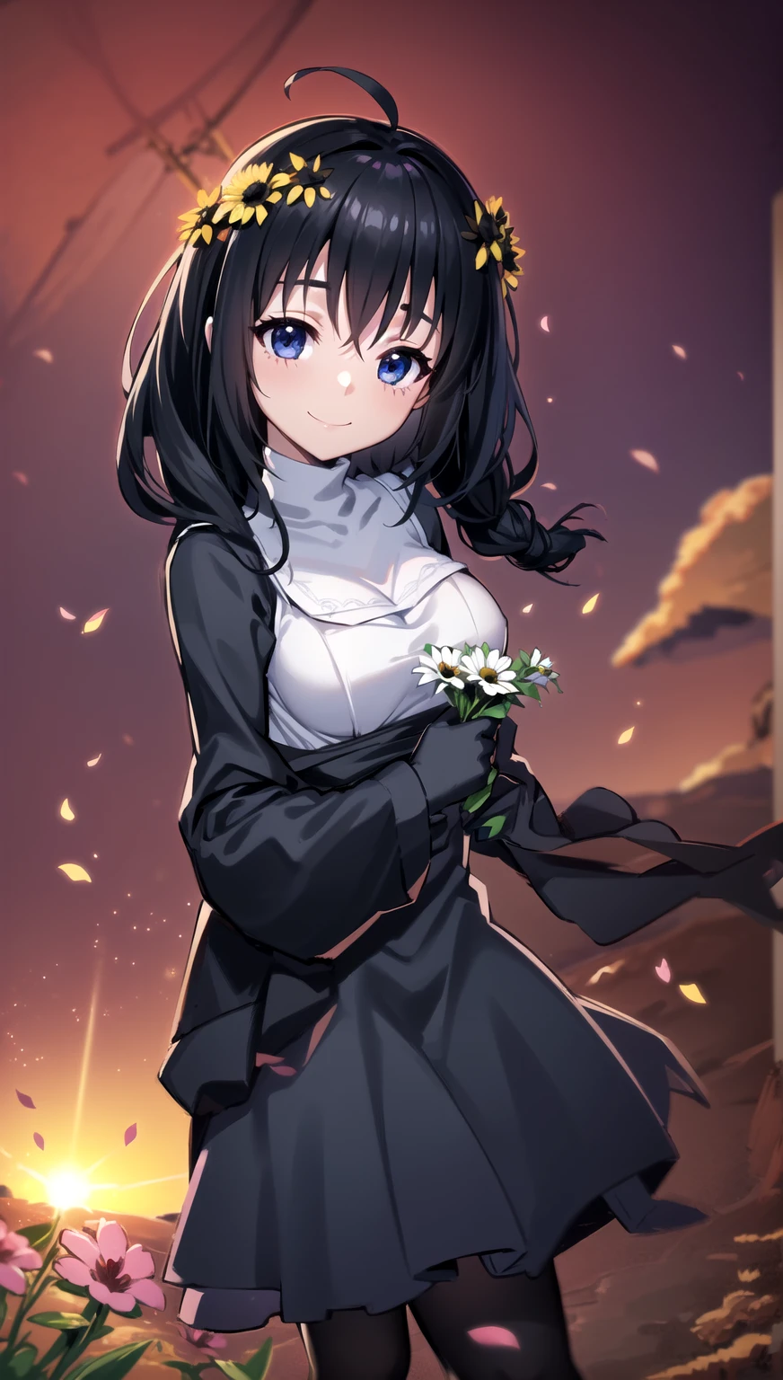 photorealistic, (4k), depth of field, (Masterpiece), (realistic skin texture), extremely detailed, intricate, hyper detailed, professional photography, bokeh, high resolution, sharp detail, best quality, girl, Maid black top, black maid outfit  long hair, black hair, dark blue eyes, standing, light smile, (flower field:1.3) windy, sunset, (petals), 