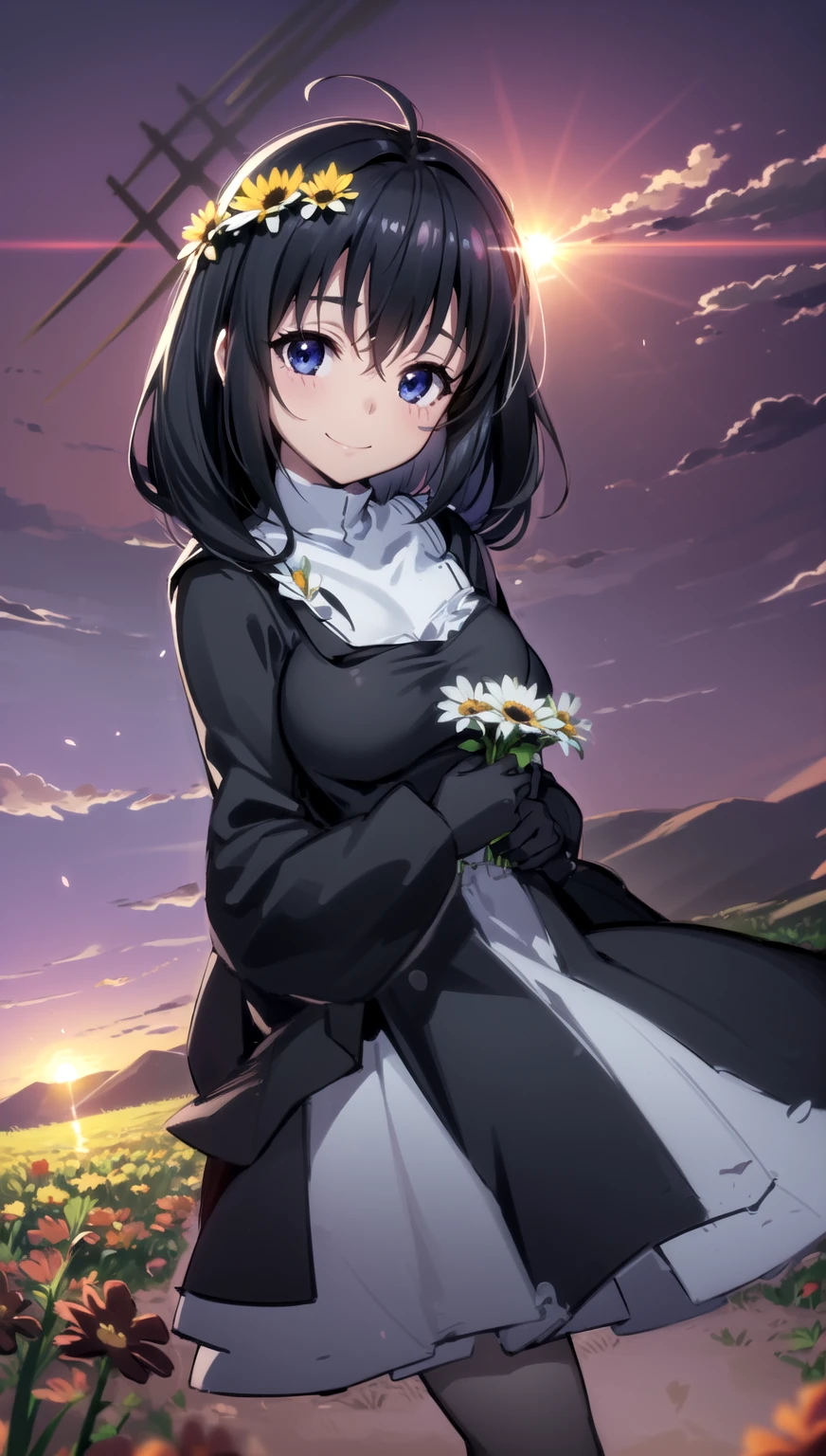 photorealistic, (4k), depth of field, (Masterpiece), (realistic skin texture), extremely detailed, intricate, hyper detailed, professional photography, bokeh, high resolution, sharp detail, best quality, girl, Maid black top, black maid outfit long hair, black hair, dark blue eyes, standing, light smile, (flower field:1.3) windy, sunset, (petals),