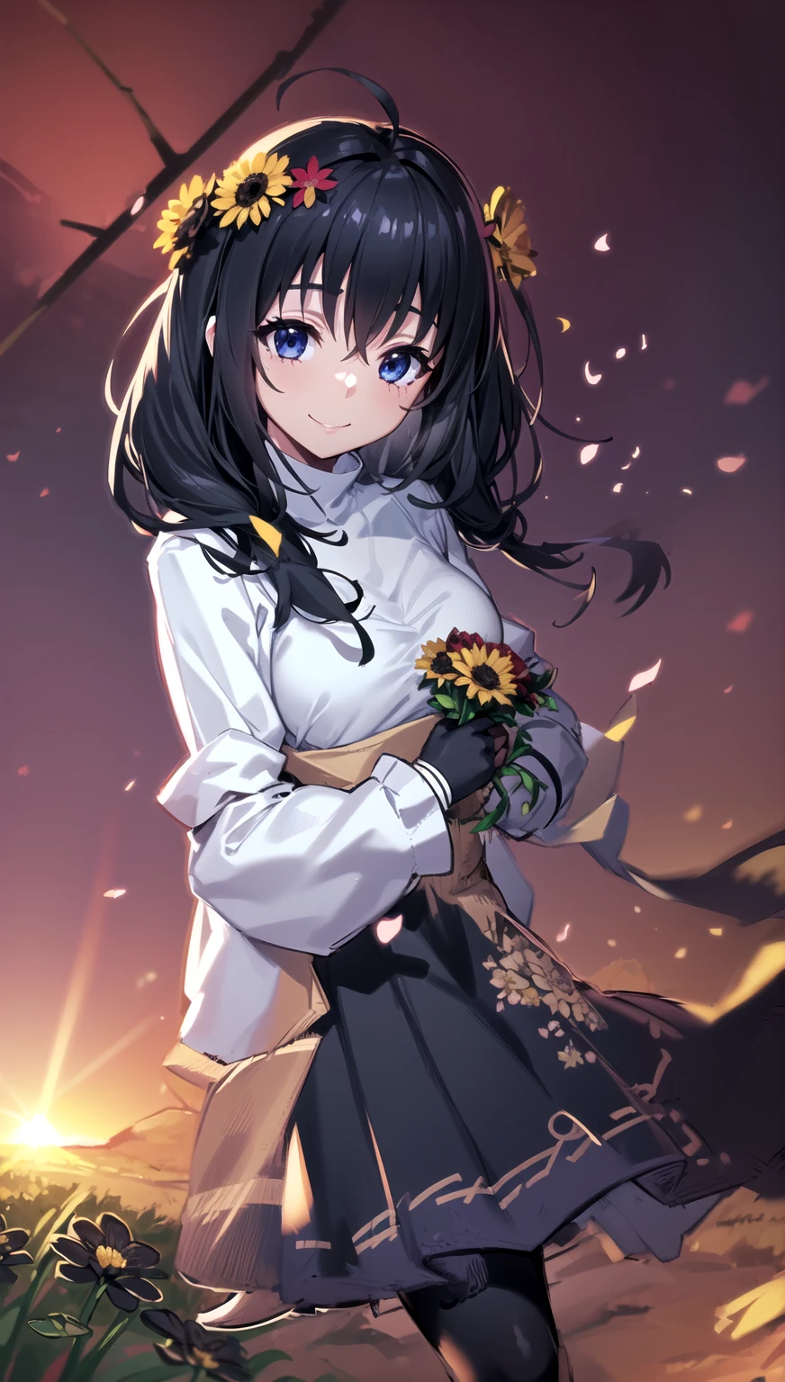 photorealistic, (4k), depth of field, (Masterpiece), (realistic skin texture), extremely detailed, intricate, hyper detailed, professional photography, bokeh, high resolution, sharp detail, best quality, girl, Maid black top, black maid outfit  long hair, black hair, dark blue eyes, standing, light smile, (flower field:1.3) windy, sunset, (petals), 