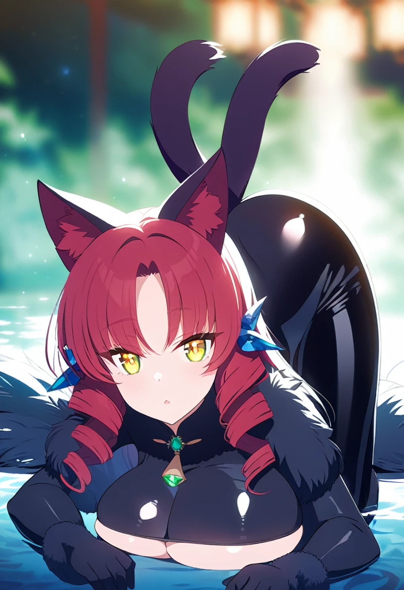 A stunning cat girl with a flawless complexion and a voluptuous figure, adorned with striking red hair that cascades down her back like a waterfall. Her almond-shaped eyes, one emerald green and the other sapphire blue, gaze directly at the viewer, conveying a mixture of confidence and playfulness. She has long, elegant ears that taper to a sharp point, accentuating her otherworldly beauty. Her tail, also red, is thick and fluffy, with a luxurious fur that seems to glow in the light. Dressed in a form-fitting, midnight-black latex catsuit, it hugs her curves and emphasizes her hourglass figure. Black, thigh-high boots complete her ensemble, making her appear ready to pounce into action at any moment. The background is a soft, blurred white, creating a dreamlike atmosphere that further enhances her ethereal beauty.