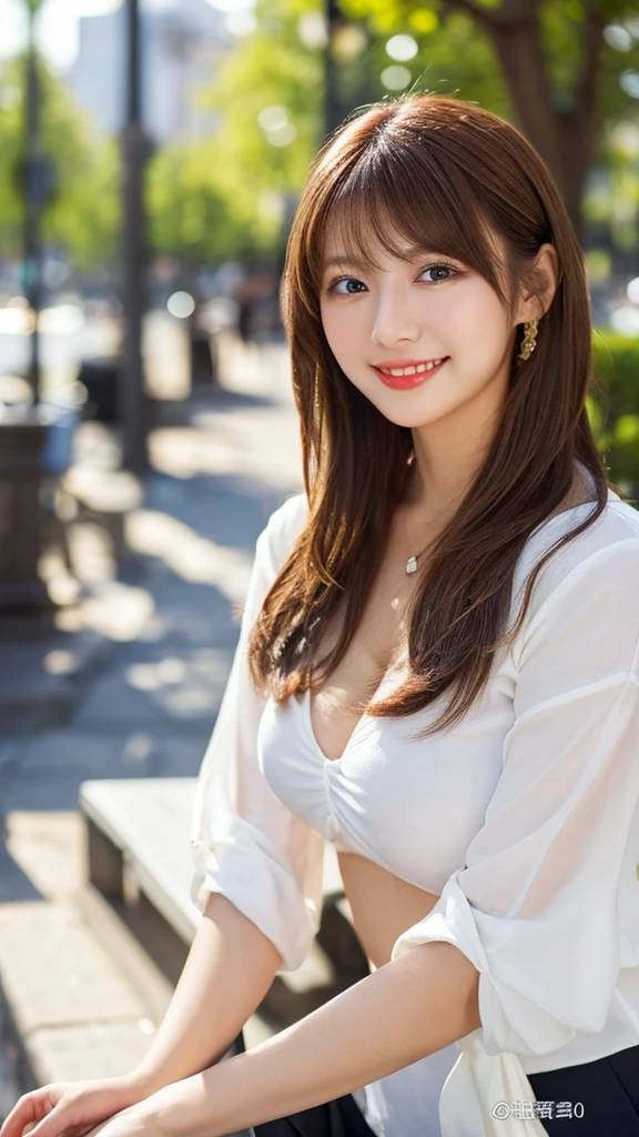 Highest quality、8k wallpaper、Reality:1.4、Cinema Lighting、View your viewers、background:urban office district（Outdoor）、1 beautiful girl、Japanese Idol、30 years old、Beautifully detailed eyes、Detailed face、Beautiful Skin、Slender、Slim waist、Thin legs、Red lipstick、Fancy hairstyle:1.5、The sunlight hits her hair and it shines golden、Profession：secretary、smile:1.2、Big Tits