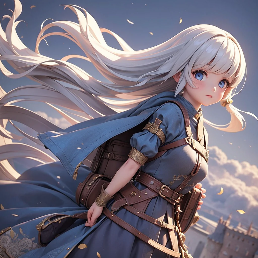 Girl 。Medieval dress with panniers、Fabric Realism、Low - Angle、I can see the drawers、Pull up the hem of your dress with your hands、Strong winds