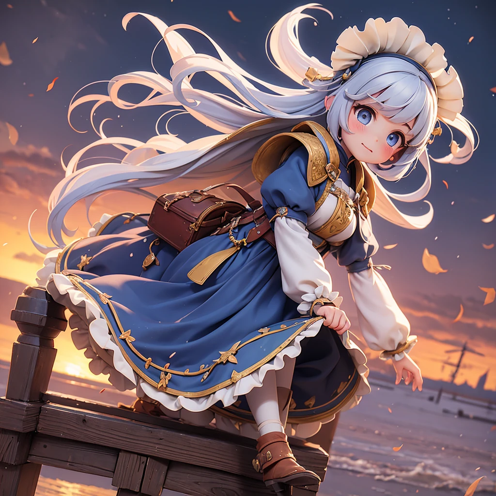 Girl 。Medieval dress with panniers、Fabric Realism、Low - Angle、I can see the drawers、Pull up the hem of your dress with your hands、Strong winds