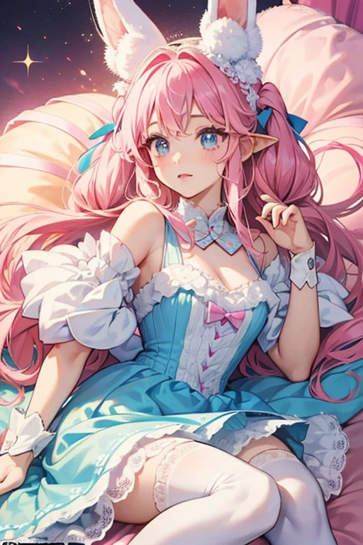 Yumemitchi is pink and fluffy with long floppy ears, resembling a puppy or lop-eared rabbit. She has a three-tufted bang on her forehead and blue eyes. She wears a large hot pink bow on top of her head which has a heart in the middle, and she also wears a hot pink dress with white lace and four white buttons. She has blue stockings. When she was younger, she wore an yellow-orange dress and bow, and pale blue stockings. SPARKLE; GLITTER