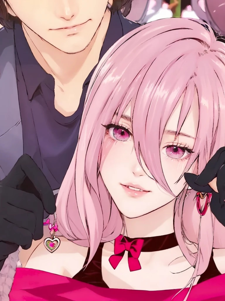 Female pink long hair, light pink clothing,  cute accessories,  red eyes, boyfriend in the background, japanese girl, 18 years old, realistic human
