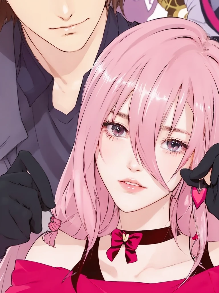Female pink long hair, light pink clothing,  cute accessories,  red eyes, boyfriend in the background, japanese girl, 18 years old, realistic human