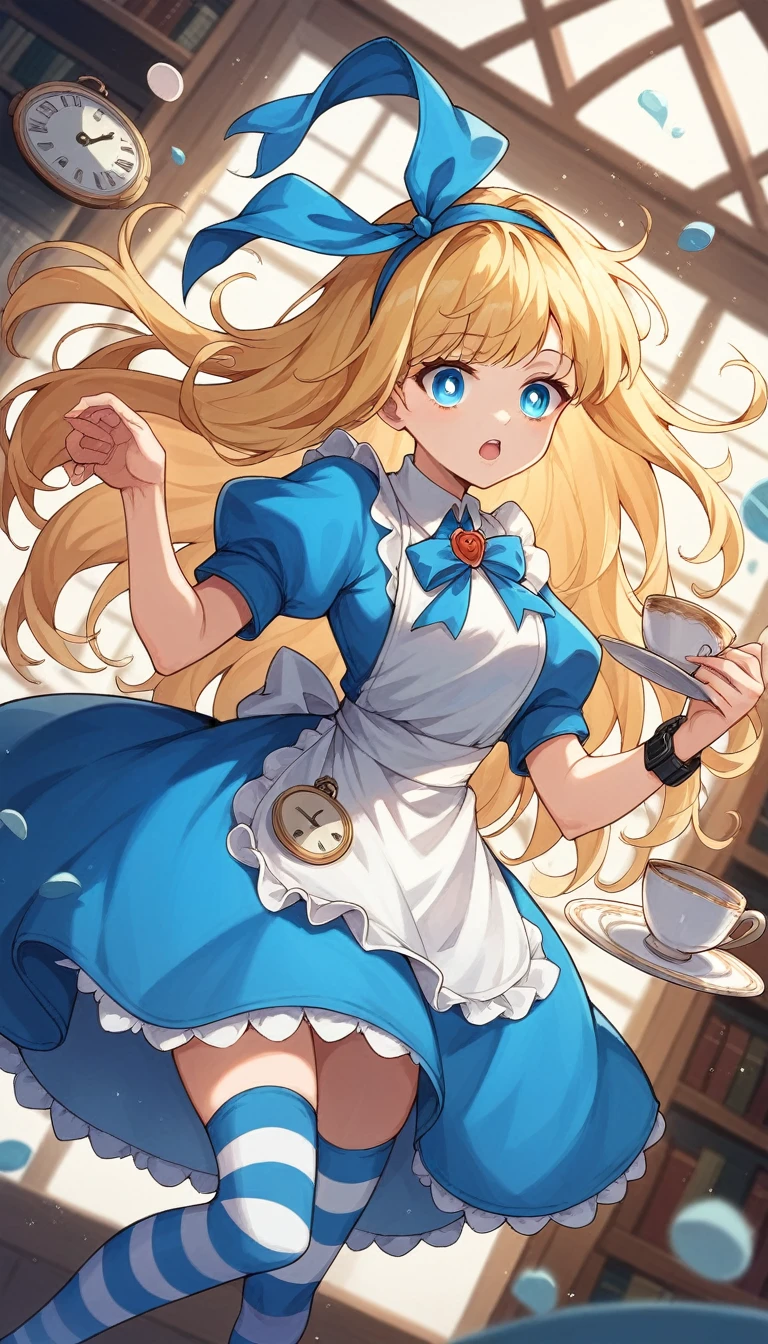 Alice, (Alice in Wonderland:1.1), cartoon illustration, 1cute girl with long-hair, (blonde-hair:1.2), floating long hair, open mouth, (light-blue round eyes:1.5), blue puffy sleeves, horizontal striped thigh-highs, blue apron, blue dress, (white and blue outfits:1.3), hair-ribbon, (big-blue-ribbon on head:1.4), teacup, cup, clock, antique watch, open book, saucer, in dark library, falling pose, her feet out of frame, 1arm out of frame, (dutch-angle:1.2), dynamic angle, cinematic lighting, glitter,