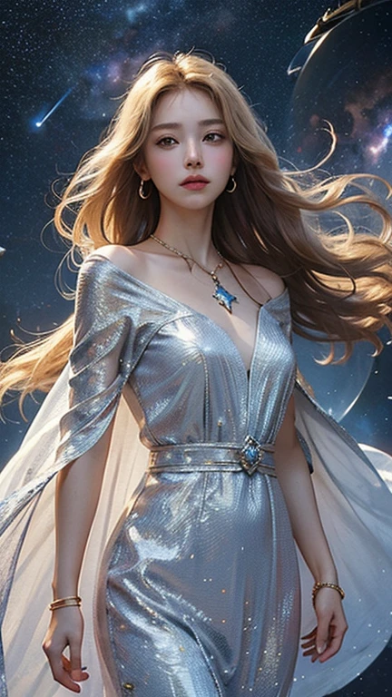 (masterpiece、Highest quality、High resolution、8k、16k)、((Alone in space、Beautiful Goddess、Standing posture、floating in the sky like a star、floating、floating))、(whole body)、Golden Cape、(White long dress)、(No sleeve)、Gold Bracelet、Silver blonde hair、Medium Long、Soaring hair、(Beautiful brown eyes)、(Detailed face)、Graceful operation、Professional Lighting、The universe is full of light、Countless stars and nebulae、