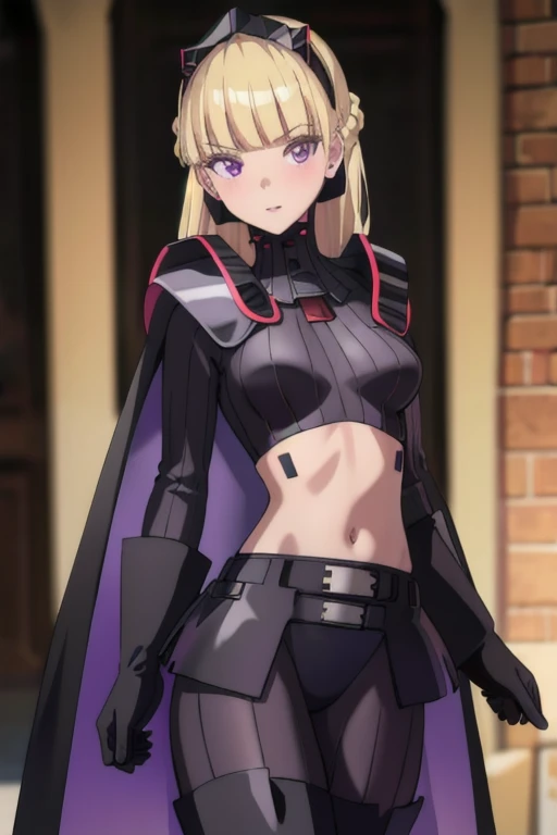 8k,highres,absurdres,masterpiece,best quality,original,extremely detailed CG,extremely detailed wallpaper,perfect lighting,1girl,solo,blurry_background,looking_at_viewer,
AmSW,long hair,blonde hair,black gloves,purple eyes,black hairband,cape,black bodysuit,medium breasts,braid,blunt bangs,