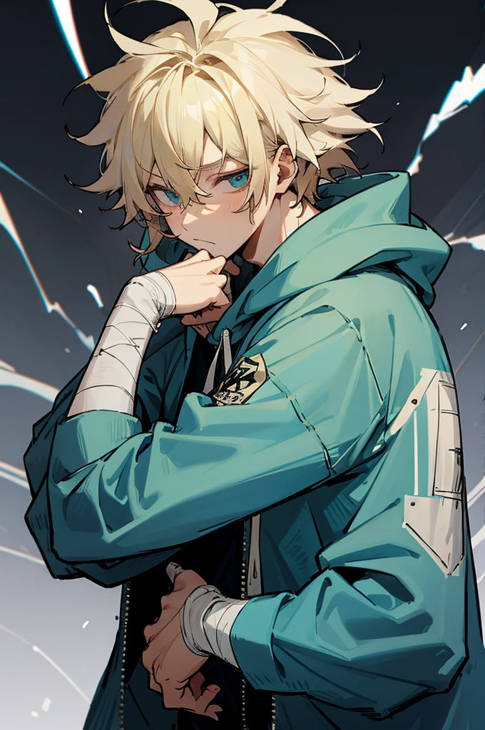 Human Male, Blonde Messy hair , wearing BLUE Hoodie , wearing Bandage
