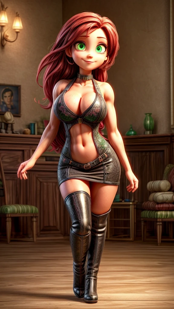 ((1girl)), extremely long thick hair, ((solo)), ((muscular)), red hair, green eyes, smirking, thick thighs, tanned skin, strong, veins, abs, big thighs, enormous breasts, navel, standing, high heel boots, full body, bitch, evil, masterpiece, (photorealistic), (8k wallpaper) , (best quality), perfect quality, solo, (detailed eyes:1.4), Ermione, small smile, sexy, very beautiful thin face, very curvy, sexy face, huge breasts, navel, hourglass figure, muscle thighs, abs, very long legs, high heels, massive muscle, thigh high boots, goth, heavy makeup, choker, black nails, long eyelashes, dark magic, long black bodycon dress, vampire, seductive eyes, warlock,