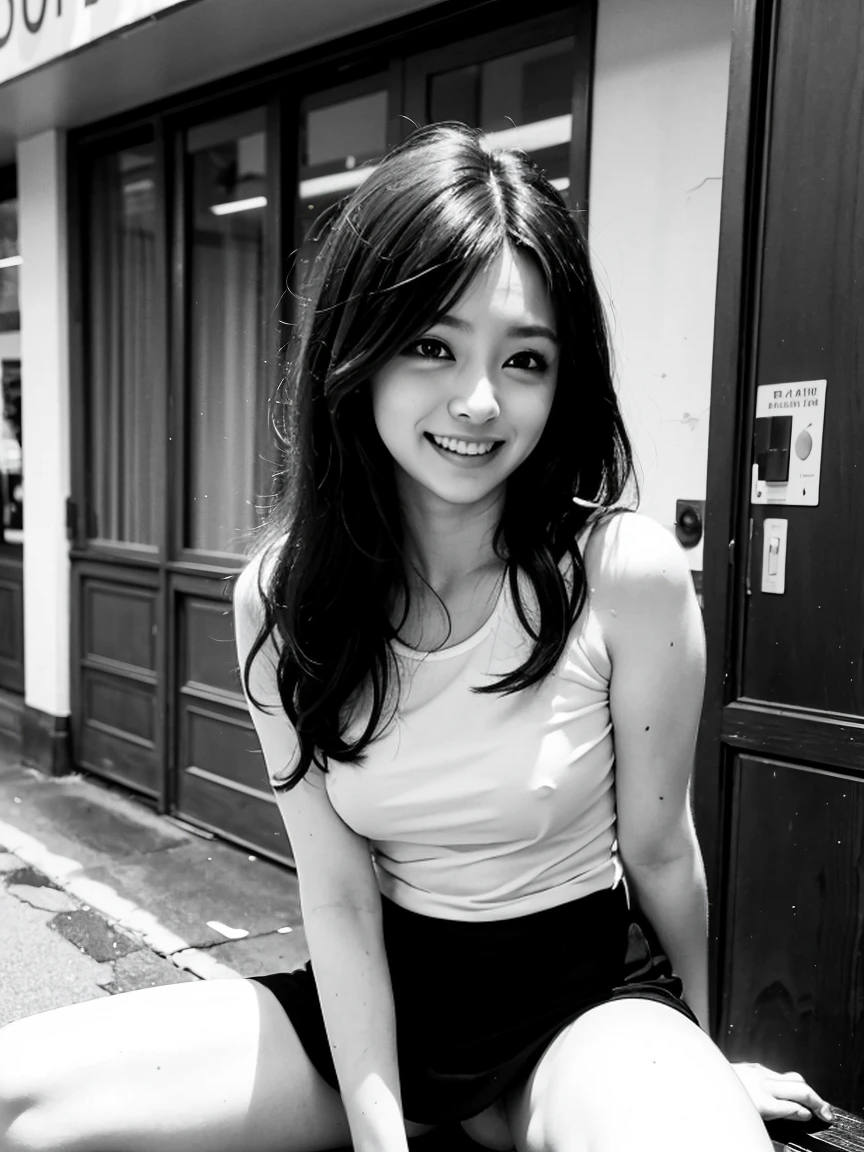 (Best quality, Ultra-detailed Street Photography: 1.2), High Contrast, Gritty Texture, Raw-Photo, (Black and White: 1.5), (Retro: 1.3), 20's, Female, Purple Hair, Smiling (Sonrisa: 1.0), Happiness (Feliz: 1.0), blouse up, showing nipples (Linda Camiseta: 1.0), Mini Skirt (Falda Corta: 1.0), naked bottom body, Arm Tattoos (T, sitting, wide open legs.