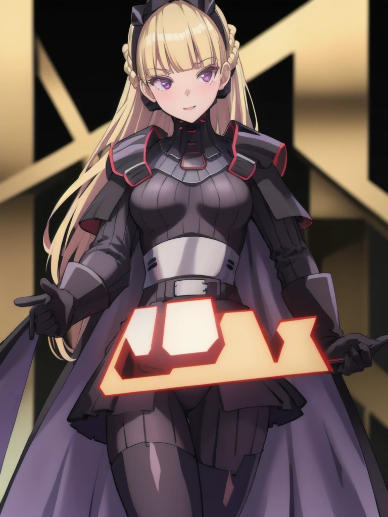 8k,highres,absurdres,masterpiece,best quality,original,extremely detailed CG,extremely detailed wallpaper,perfect lighting,1girl,solo,blurry_background,looking_at_viewer,
AmSW,long hair,blonde hair,black gloves,purple eyes,black hairband,cape,black bodysuit,medium breasts,braid,blunt bangs,