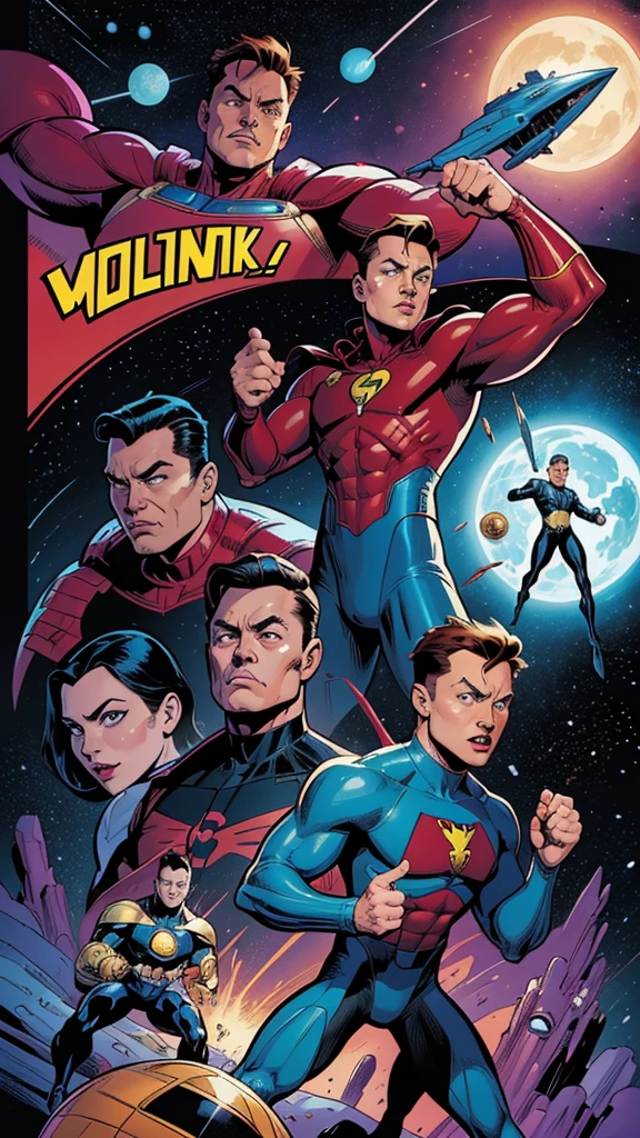 Imagine a classic comic book spread featuring Elon Musk. He's drawn in the bold, dynamic style of the Silver Age, with bright colors and exaggerated features. He might be facing off against a villainous space monster, or perhaps unveiling his latest invention. The overall feel would be reminiscent of the iconic comics created by Stan Lee and Jack Kirby.