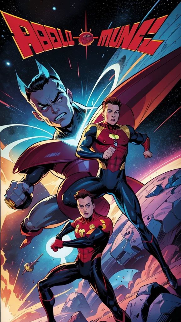 Imagine a classic comic book spread featuring Elon Musk. He's drawn in the bold, dynamic style of the Silver Age, with bright colors and exaggerated features. He might be facing off against a villainous space monster, or perhaps unveiling his latest invention. The overall feel would be reminiscent of the iconic comics created by Stan Lee and Jack Kirby.