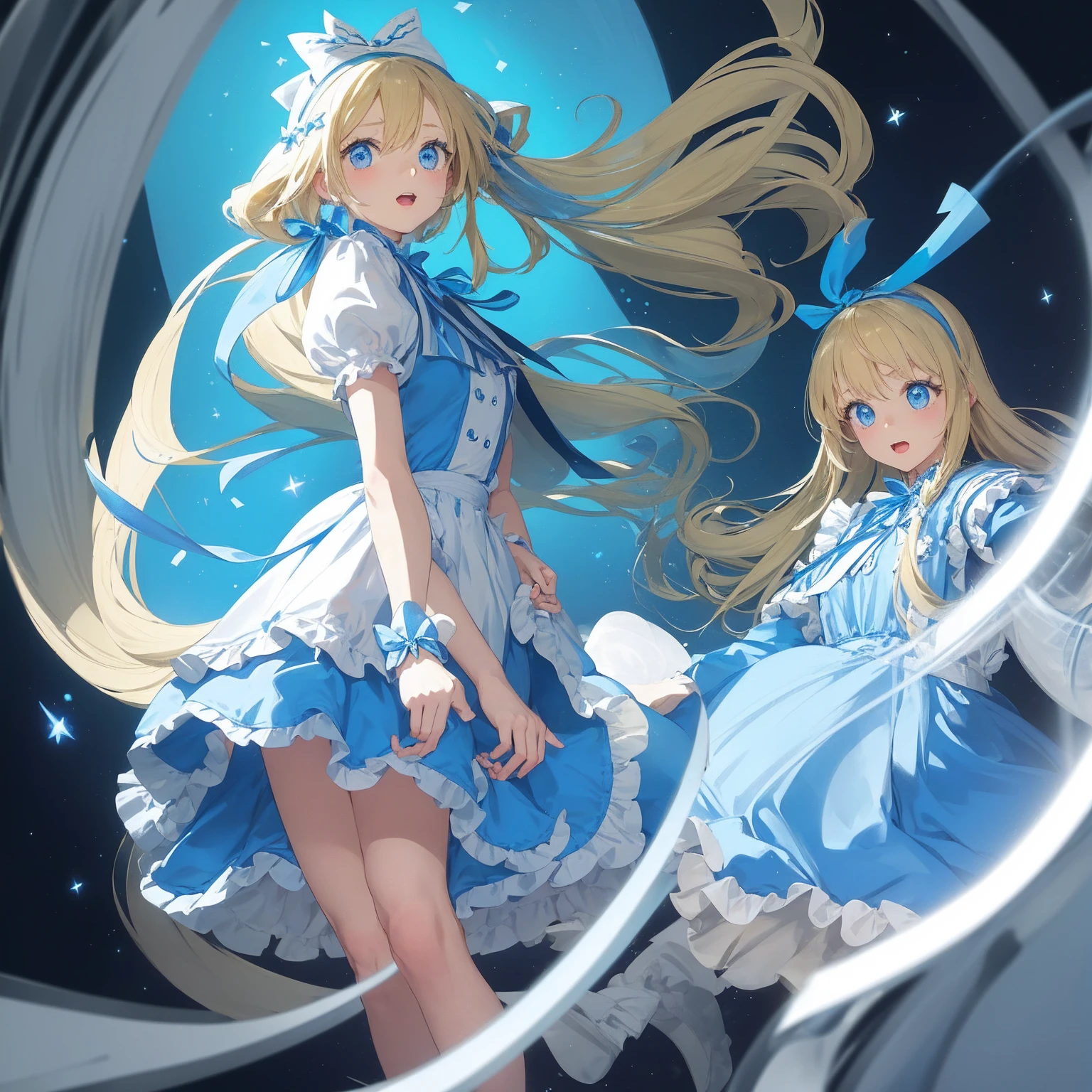 A beautiful girl with blond hair named Alice with long blonde hair floating up. She is wearing a classic blue and white one-piece dress and is falling down the rabbit hole. The background is a vortex-like space with fantastic light shining in, giving the scene a floating feeling