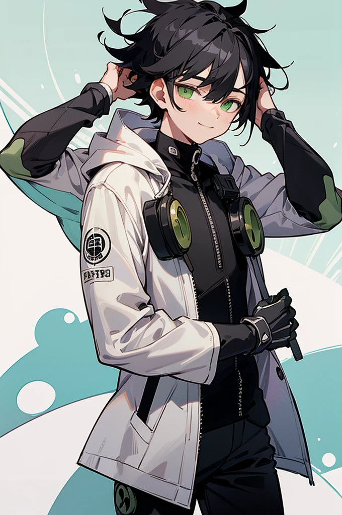 ultra detailed, masterpiece, best quality, solo, cowboy shot, parororostyle, smile, 1boy, green eyes, short hair, black hair, bangs, hair between eyes, messy hair, (goggles on head:1.3), headband, white coat, hooded coat, hood down, open coat, turtleneck, capri pants, pants, black knee boots,