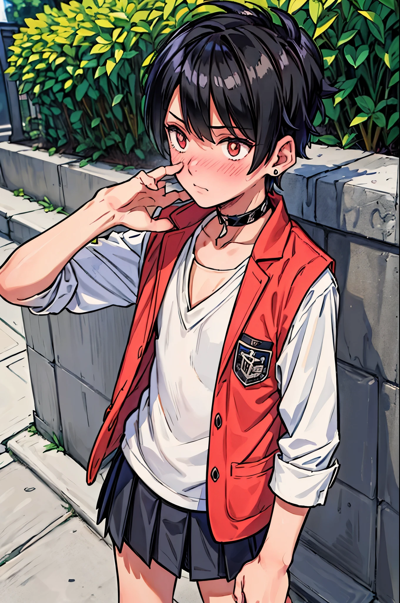 "best quality,ultra-detailed,((background:outside the park1,8)),(one boy),(full body),portraits,((sissy boy,tomboy,FemBoy,trap1,8)),bulge1,8,(natural makeup),black choker,necklace,earrings,(short black hair),boy's face,boys body,((nose-blush)),((shy)),((street-casual-style)),(school-uniform),(vest),(blazer),(sneaker),(he’s having shoulder bags),vibrant colors,soft lighting"