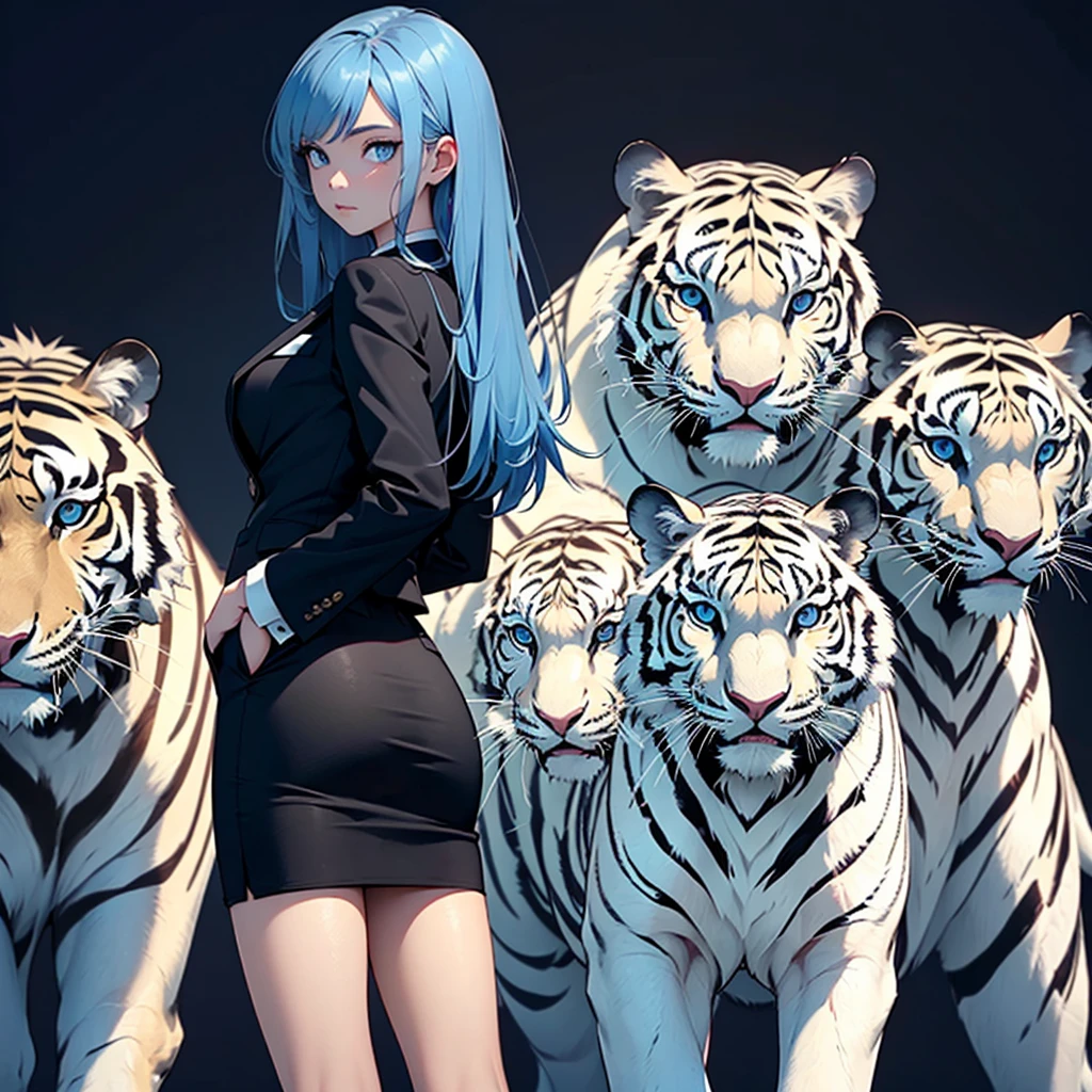 The girl looked back.(long hair,blue hair),(blue eyes),(Wear a simple, elegant, plain black skirt suit.),(The background has a white tiger.)