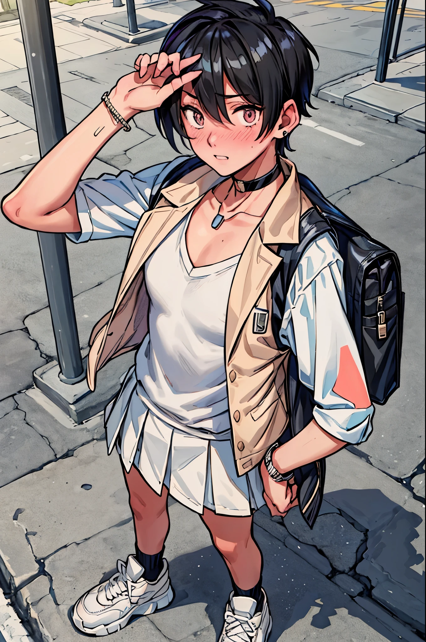 "best quality,ultra-detailed,((background:outside the park1,8)),(one boy),(full body),portraits,((sissy boy,tomboy,FemBoy,trap1,8)),bulge1,8,(natural makeup),black choker,necklace,earrings,(short black hair),boy's face,boys body,((nose-blush)),((shy)),((street-casual-style)),(school-uniform),(vest),(blazer),(sneaker),(he’s having shoulder bags),vibrant colors,soft lighting"