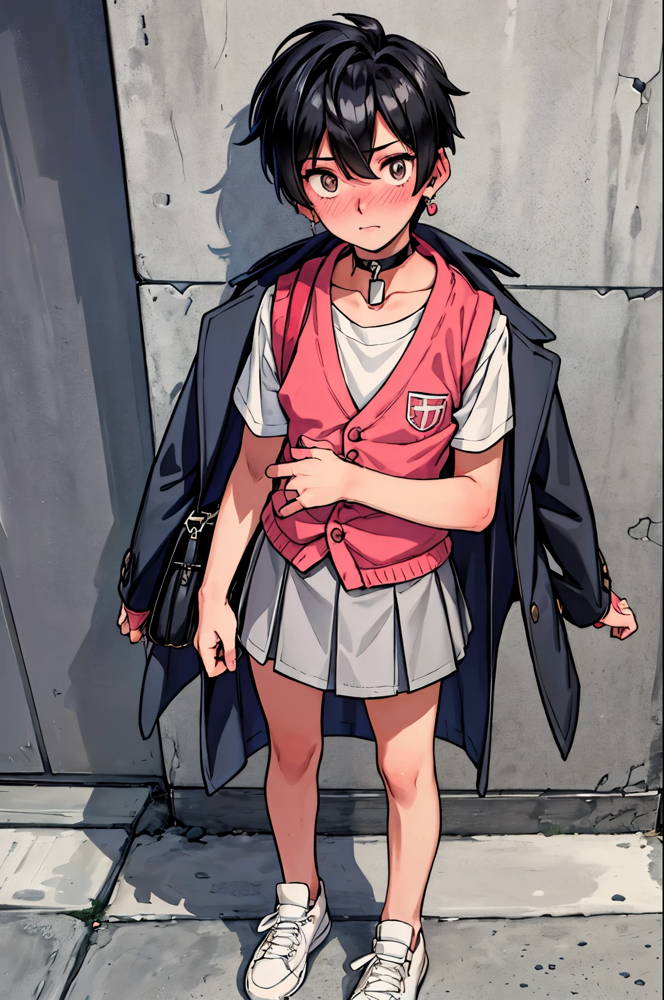 "best quality,ultra-detailed,((background:outside the park1,8)),(one boy),(full body),portraits,((sissy boy,tomboy,FemBoy,trap1,8)),bulge1,8,(natural makeup),black choker,necklace,earrings,(short black hair),boy's face,boys body,((nose-blush)),((shy)),((street-casual-style)),(school-uniform),(vest),(blazer),(sneaker),(he’s having shoulder bags),vibrant colors,soft lighting"