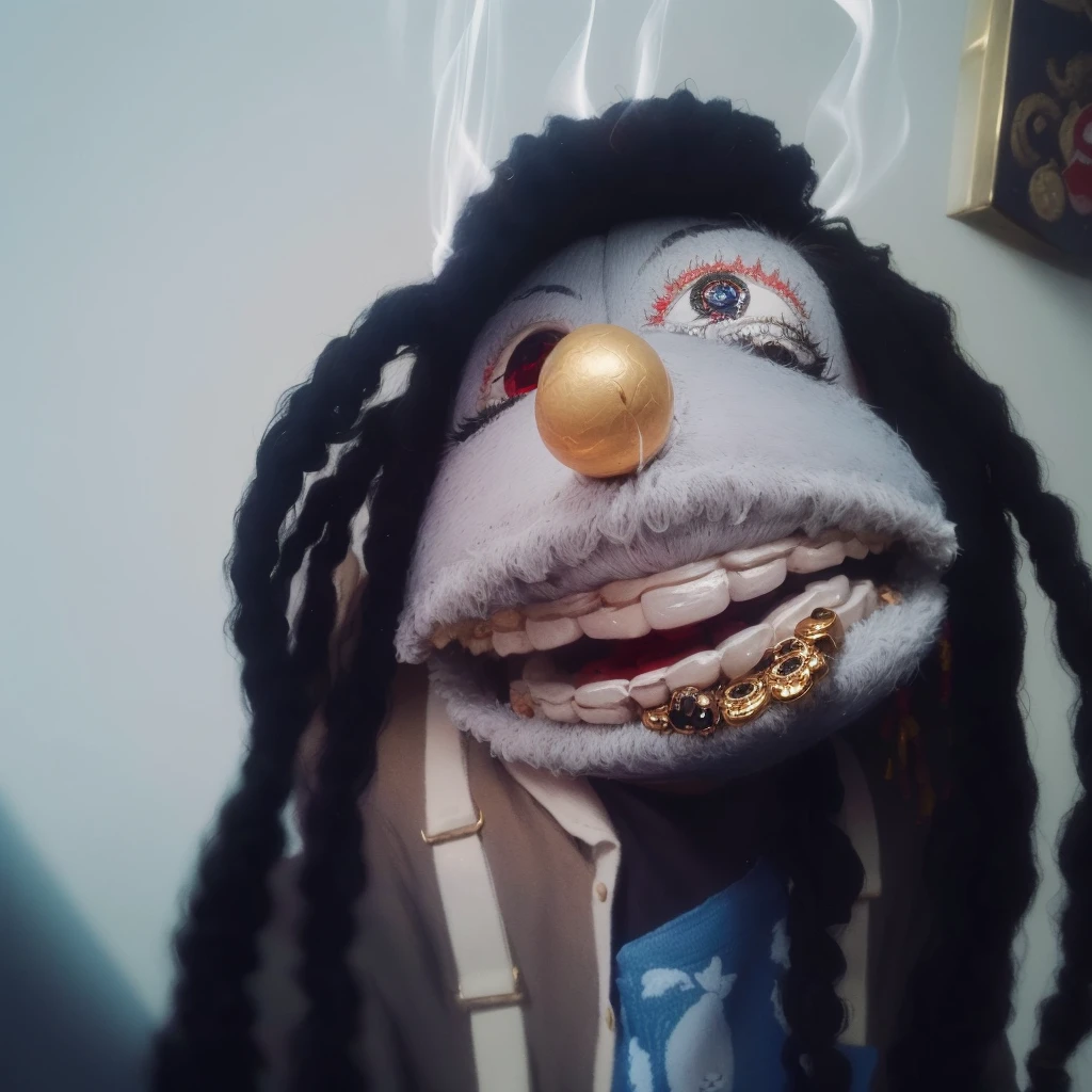 a close up of a cute happy sock puppet with dreadlocks smoking a cigar, realistic cloth puppet, string puppet, wearing diamond gold grills on his teeth, he is smoking a blunt, his eyes are low and red because he is high, highley detailled face, matching eyes, cigar in mouth