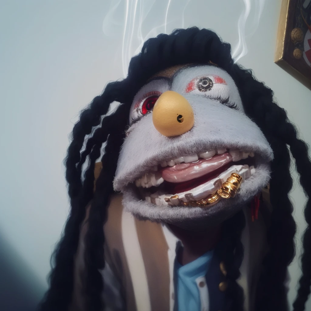 a close up of a cute happy sock puppet with dreadlocks smoking a cigar, realistic cloth puppet, string puppet, wearing diamond gold grills on his teeth, he is smoking a blunt, his eyes are low and red because he is high, highley detailled face, matching eyes, cigar in mouth