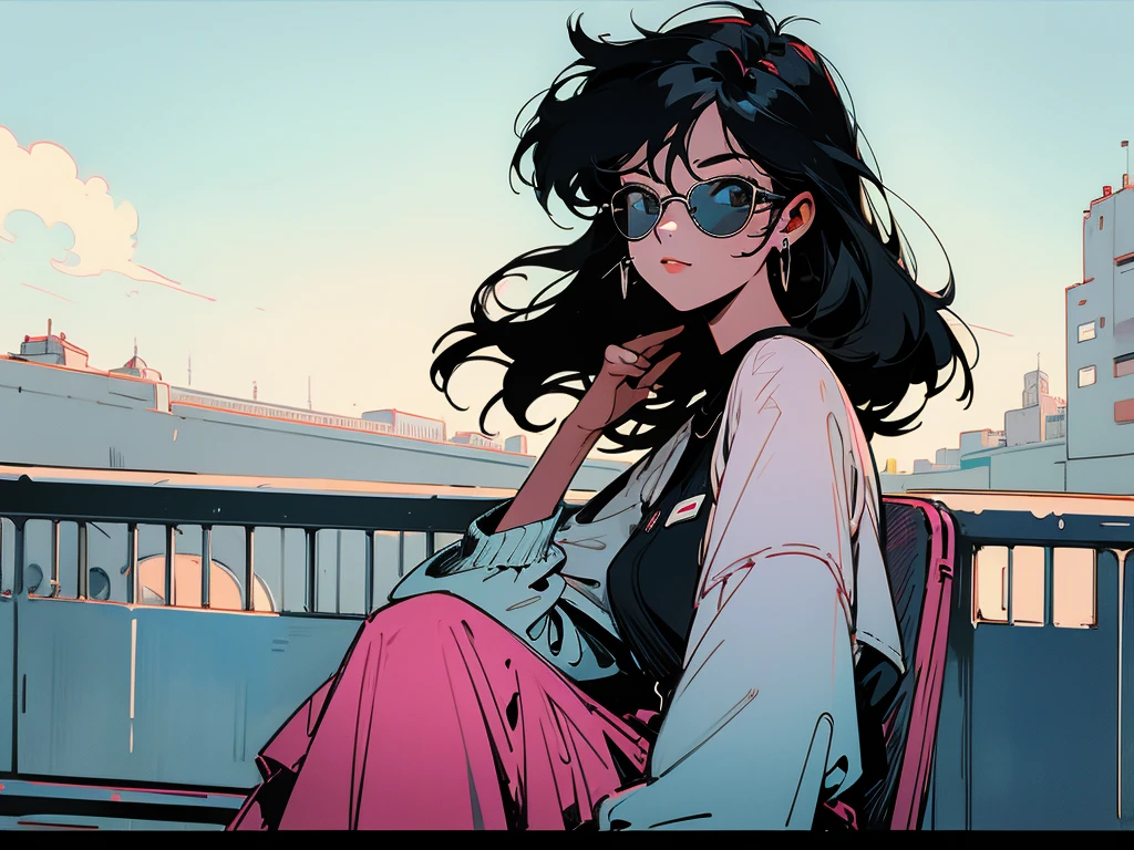Swedish cityscape、Terrace seats、Cool black hair woman、Break、Wearing sunglasses