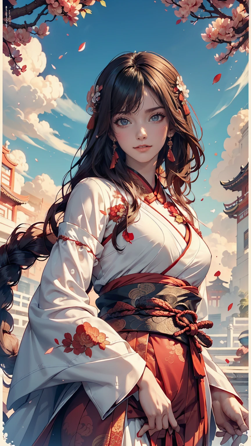 (Divine Beast), Nine-Tailed Fox, Dynamic Body Type, (Chinese Monster), good looking, splashed Ink, Chinese, One girl, ((whole body), ((2.5D)), Floating Hair, Beautiful Eyes, Delicate eyes, Delicate silhouette, Fantasy art, (Antique black and red brocade hanfu), Fob, (masterpiece), Front shot, Landscape Portrait, White Background, (Movie Posters), sharp, splash, cloud, petal, nullの, null, (Wide-angle lens), Overlooking