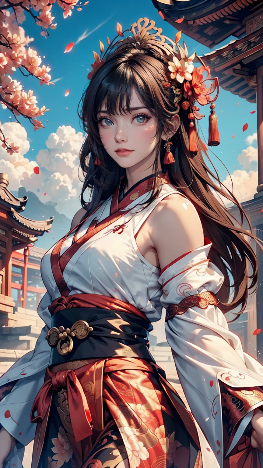 (Divine Beast), Nine-Tailed Fox, Dynamic Body Type, (Chinese Monster), good looking, splashed Ink, Chinese, One girl, ((whole body), ((2.5D)), Floating Hair, Beautiful Eyes, Delicate eyes, Delicate silhouette, Fantasy art, (Antique black and red brocade hanfu), Fob, (masterpiece), Front shot, Landscape Portrait, White Background, (Movie Posters), sharp, splash, cloud, petal, nullの, null, (Wide-angle lens), Overlooking