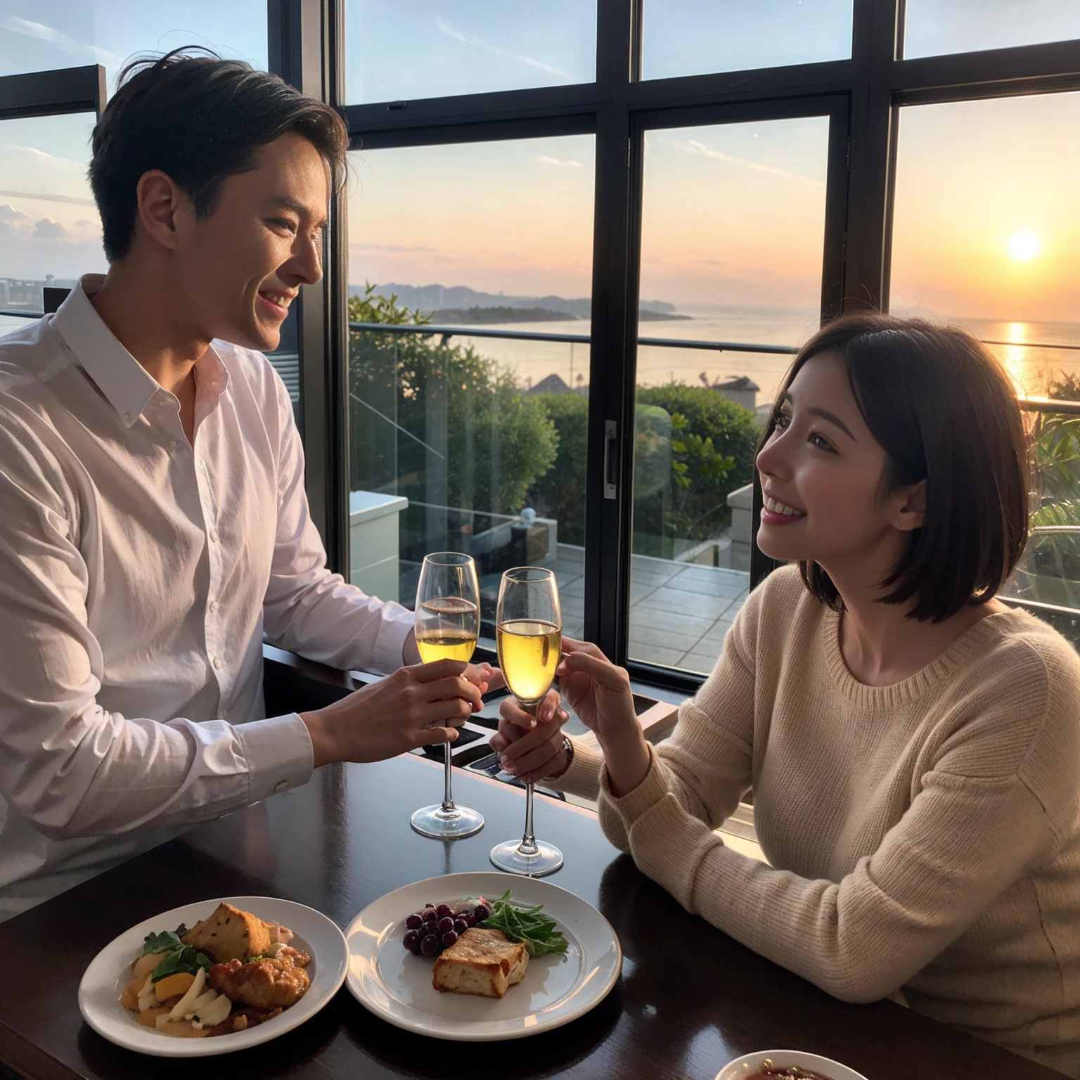 ((Highest quality、8k、masterpiece:1.3))、 (Genuineistic, Genuine、Bright image、Intricate details:1.2), 最高のsmile、1 male, 1 female、Beautiful couple、Satomi Ishihara-like lover、Good friends、actress couple、smile、Full-course dinner at a packed table、 (Slim face), (the body is slim), (Brown Hair), (short hair), テーブルのwine glass、Please shine a light on my face、 Amazing view of the sunset sky and clouds、 (36 years old)38 years old, red wine 、Appetizers、Wine bottle、sparkling wine、Long sleeve shirt、dress、White wine, red wine, wine glass,