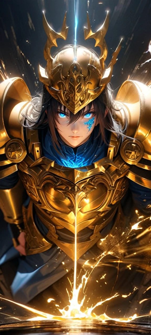  High quality, ultra realistic,absurdres, highres, ultra detailed, HDR, masterpiece, extremely detailed face and eyes,  Sagitarius Seiya, Saint Saiya , Golden Armor, solo, ,man, handsome, ,white eyeleshes, blue eyes , , Golden splashing effect, Golden lightning  effect,glowing glitters , symetrical 