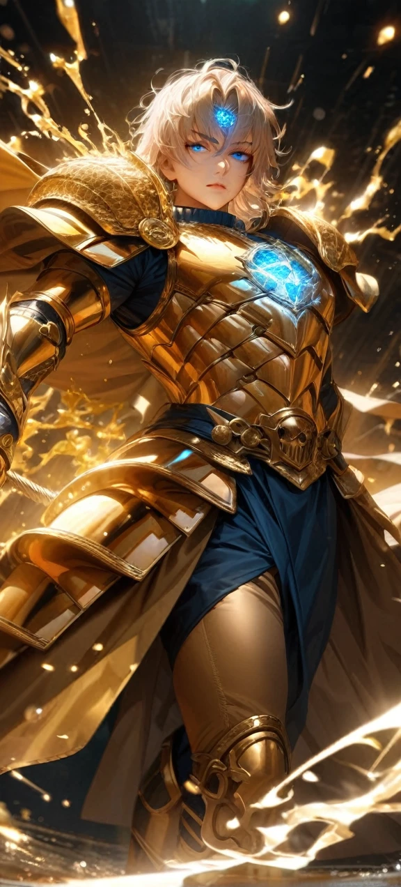 High quality, ultra realistic,absurdres, highres, ultra detailed, HDR, masterpiece, extremely detailed face and eyes, Sagitarius Seiya, Saint Saiya , Golden Armor, solo, ,man, handsome, ,white eyeleshes, blue eyes , , Golden splashing effect, Golden lightning effect,glowing glitters , symetrical
