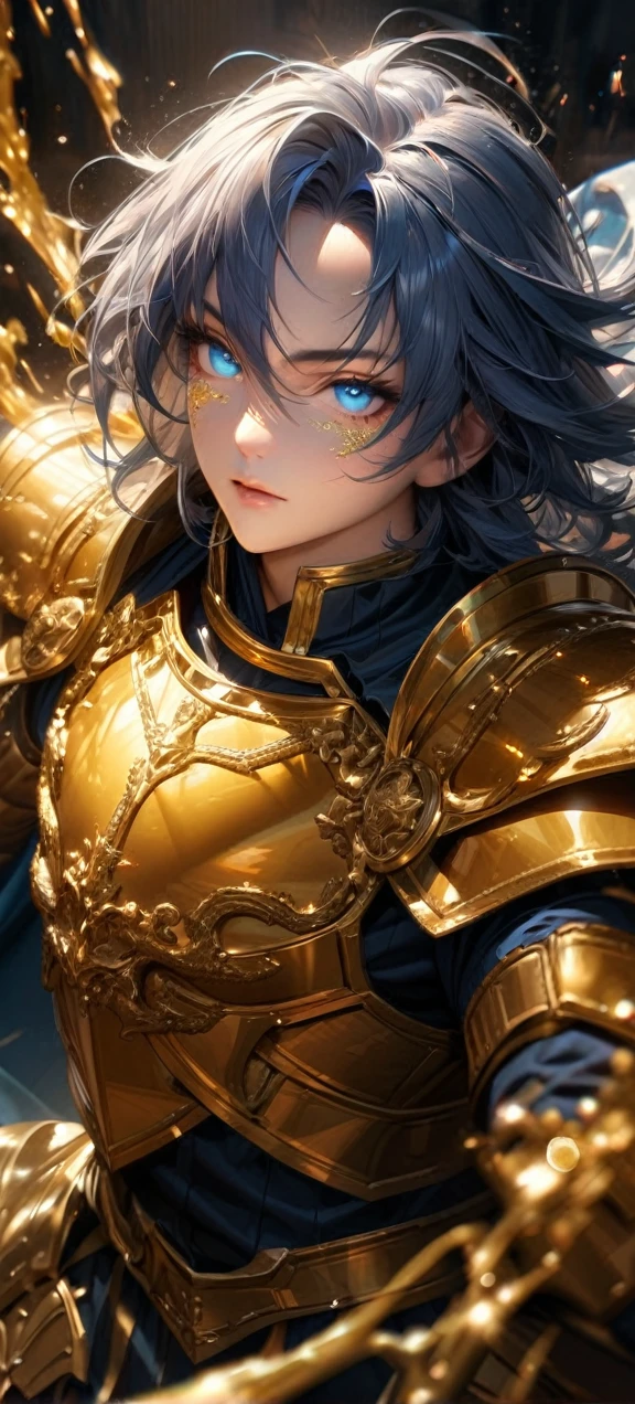  High quality, ultra realistic,absurdres, highres, ultra detailed, HDR, masterpiece, extremely detailed face and eyes,  Sagitarius Seiya, Saint Saiya , Golden Armor, solo, ,man, handsome, ,white eyeleshes, blue eyes , , Golden splashing effect, Golden lightning  effect,glowing glitters , symetrical 