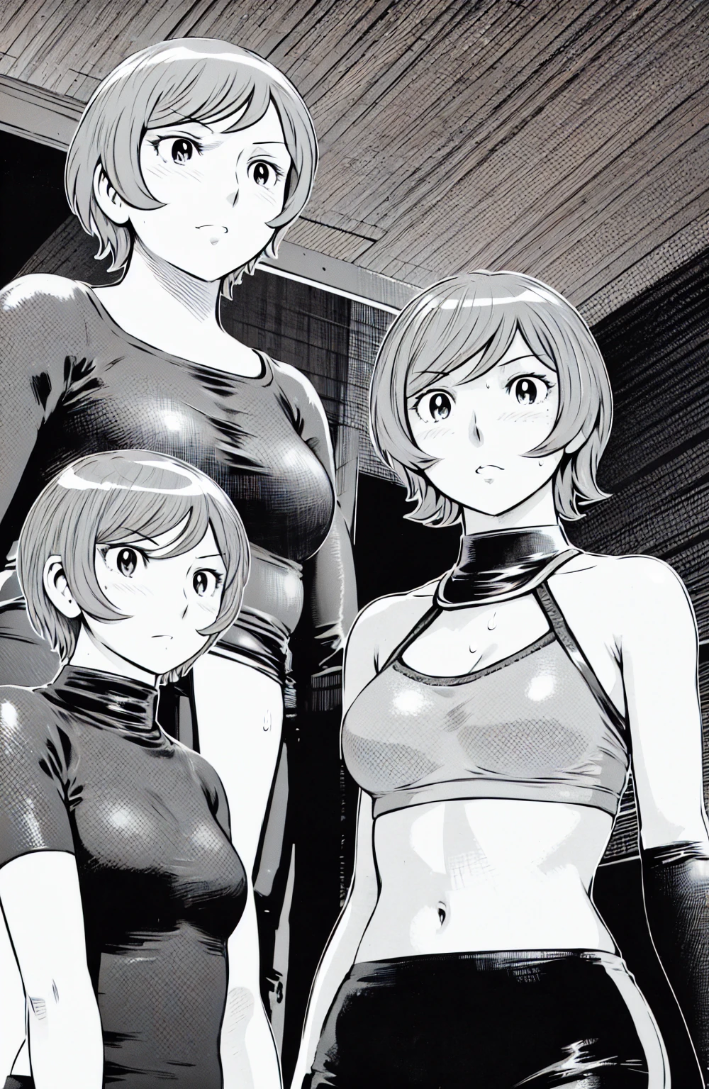 Grey sports bra、Grey panties、(masterpiece、Highest quality)、Highest quality, Ultra-high resolution, (((masterpiece))), alone, Sweat、Big eyes, Please show me your armpits, Composition from the front、(Short back hair、short hair、blonde、woman)、(Manga style:1.1)、Shortcuts、Embarrassed face、Cut your hair short、可愛いwomanの子、Big Breasts