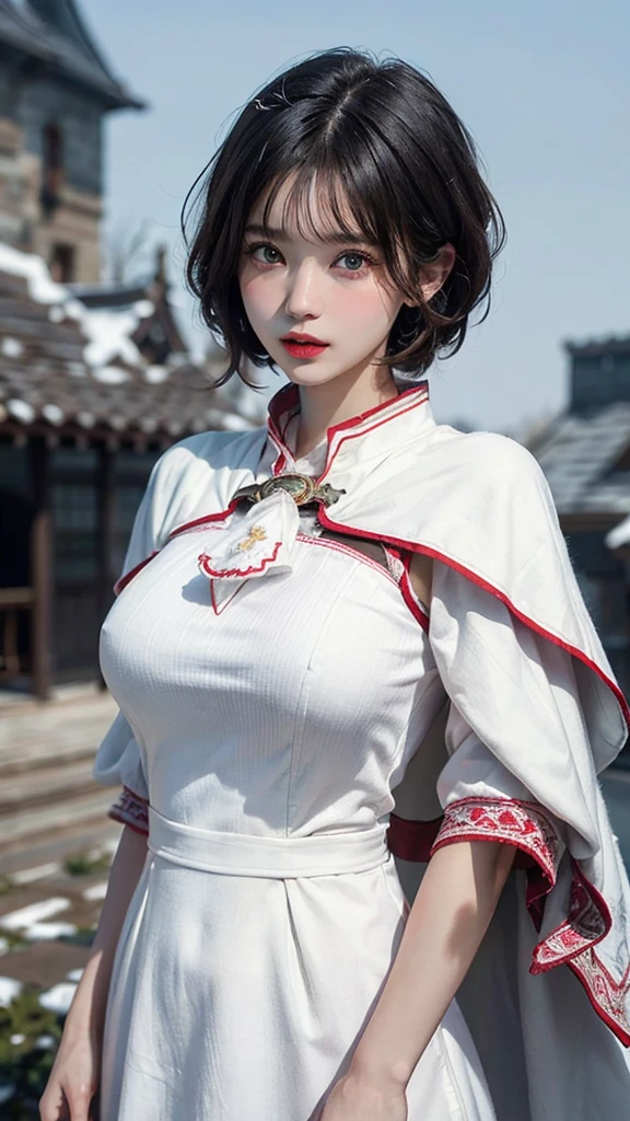 (Highest quality, masterpiece:1.3), shape, ((Beautifully detailed face)), Beautiful and detailed skin, Intricate details, Very detailed, Best image quality in 8K,Fantasy,A world of swords and magic,ファイナルFantasy,(White Mage:1.5), (18-year-old female:) (Large Breasts:1.2),Japanese girl,Baby Face,(Detailed Hair,Bobcut:1.6,Black Hair),Detailed lips,Open your mouth,blush,Embarrassing,(whole body:1.8), (Castle),Realistic Face,Realistic Skin,(Vibrant Skin),Vivid lips,Lip gloss